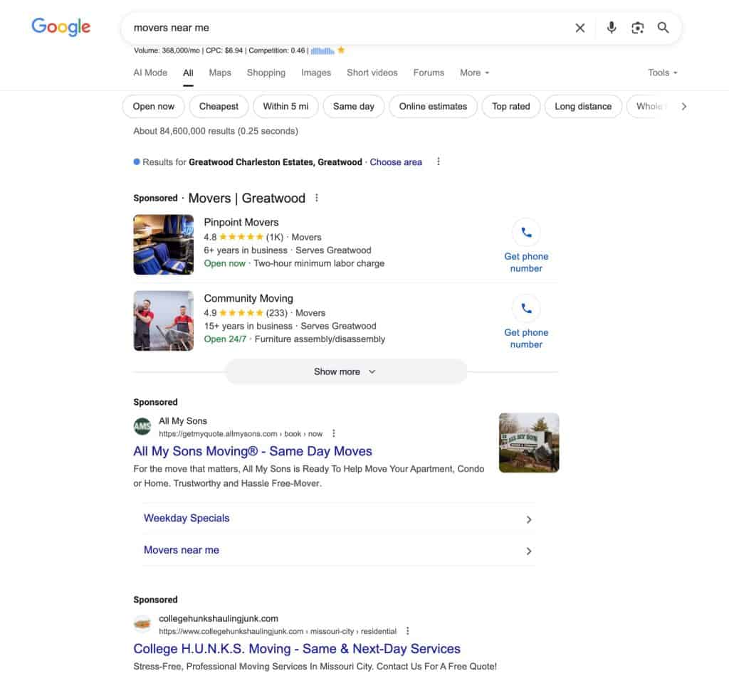 google ads vs google local services ads for moving companies