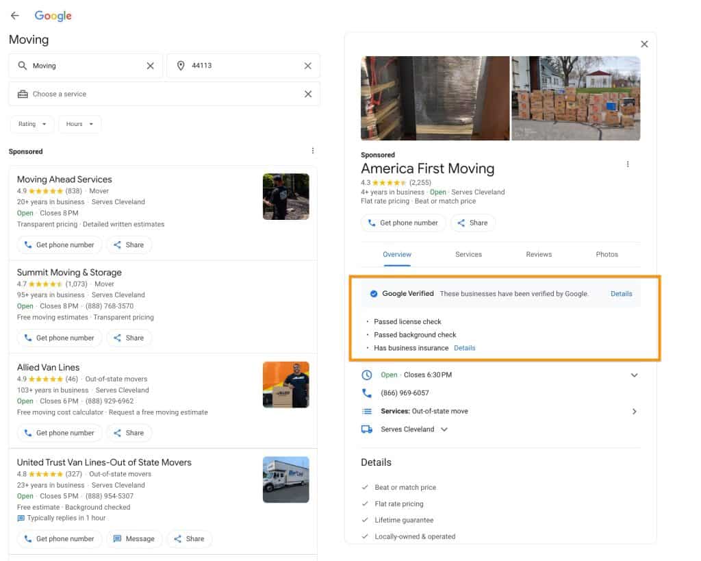 google lsa listing showing moving company details