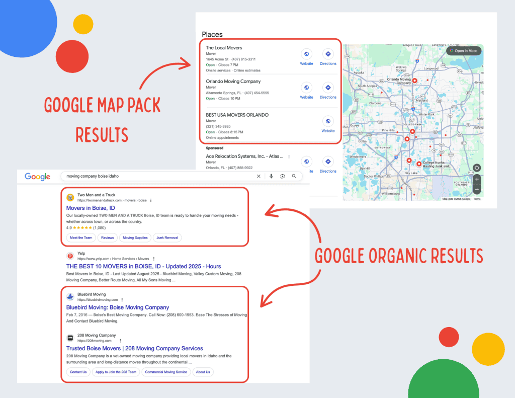 google map pack vs organic results moving companies
