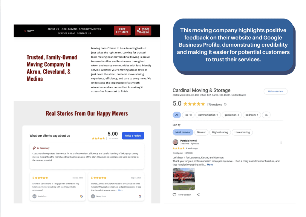 featuring moving company reviews google profile