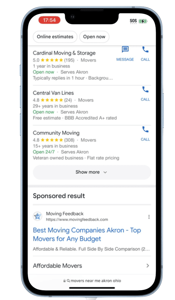 seo local for moving companies top results on map